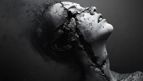 Shattered monochrome face dissolving into abstract void.