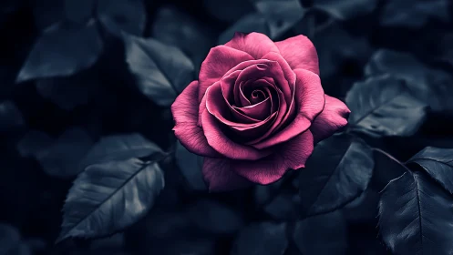 A Stunning Pink Rose Glows Against Dark Moody Foliage.