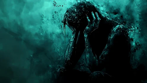 Silhouetted figure holding head in hands amid teal chaos.