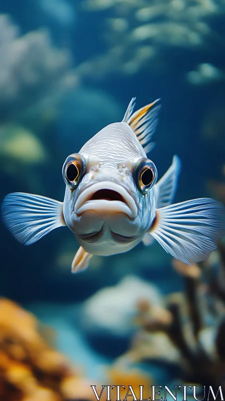 Front-facing tropical fish in shallow-depth underwater close-up capture