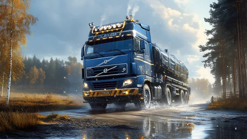 Storm-glossed blue tanker truck roaring through misted pines.