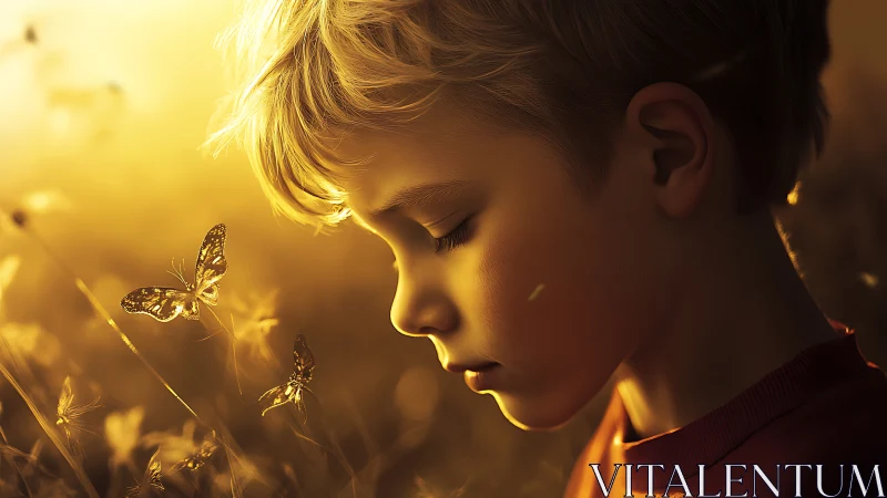 Child gazing at golden butterflies in ethereal light.