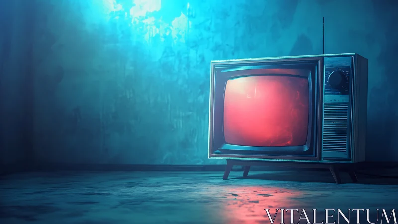 Retro CRT television under cyan-magenta lighting in empty room.