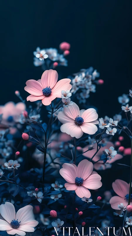 Pink Cosmos Blooms Against Midnight Blue Darkness