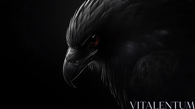 Raven of midnight steel with a burning ember eye poised.