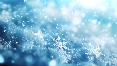 Macro snowflakes on glittering winter snow field.