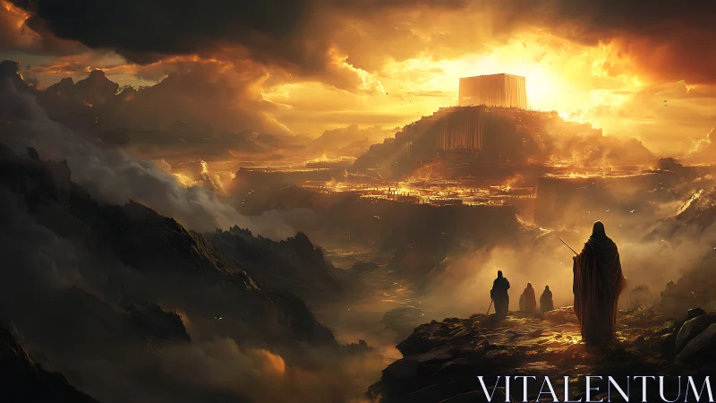 Prophets approach luminous mountain citadel under storm sky