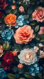 Dense Floral Composition with Orange Coral Roses, Blue Hydrangeas, Deep Teal Background