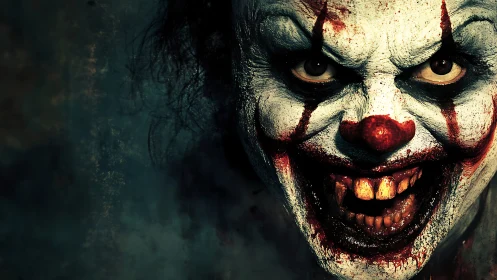 Close cropped portrait of sinister clown makeup figure.