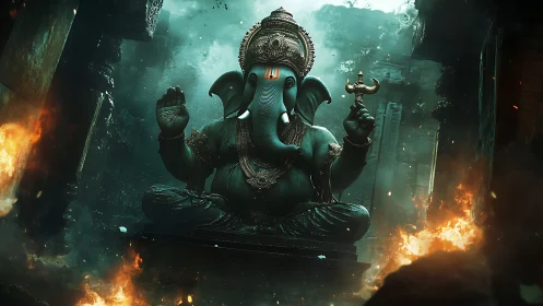 Ganesh statue in dramatic temple ruins with glowing fire.