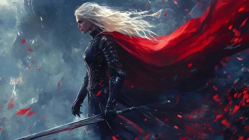 Wind-whipped crimson cloak crowns the silver-haired swordswoman