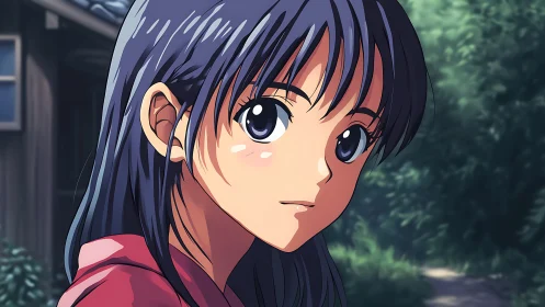 Anime portrait of pensive girl in soft outdoor backlighting