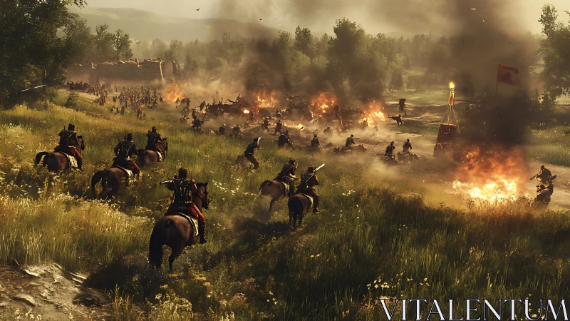 Cinematic medieval cavalry charge into burning battlefield valley