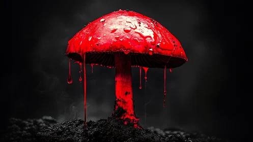 Red mushroom with dripping surface on dark smoky ground.