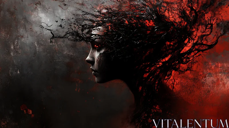 Dark surreal profile with erupting red shadow tendrils.