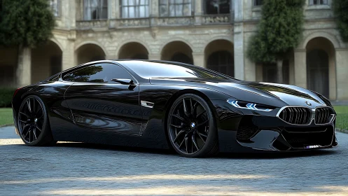 Midnight black BMW concept coupe before historic mansion.