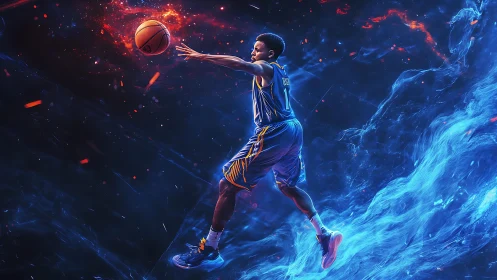 Plasma-lit basketball jump rendered in neon astrophysical space.