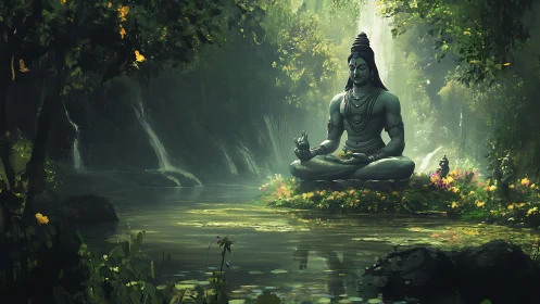 Shiva statue sits in lotus pose on floral island in forest