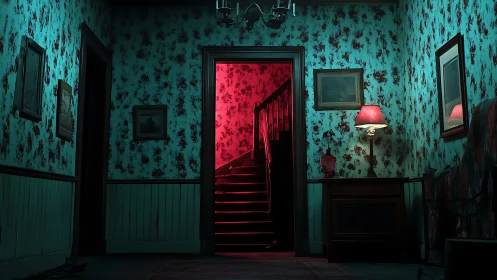 Moody hallway where a red-lit staircase steals the scene.
