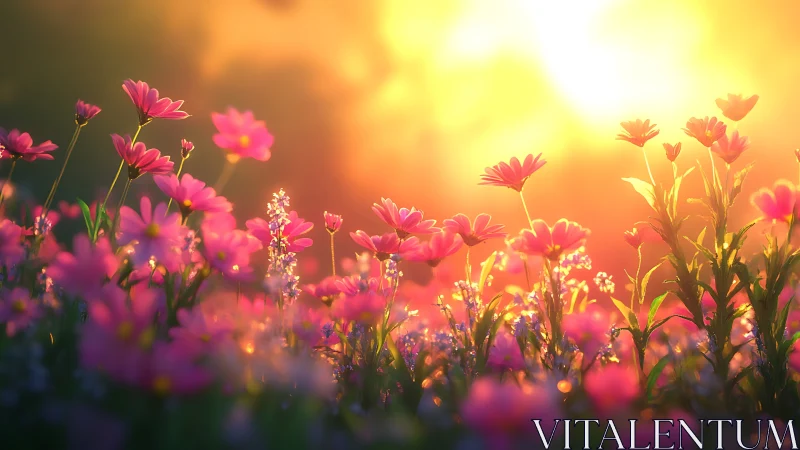 Backlit pink wildflowers form a radiant, shallow-focus sunrise tableau