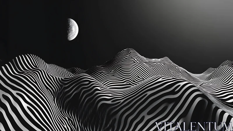 Striped monochrome terrain forms recede under a distant moon