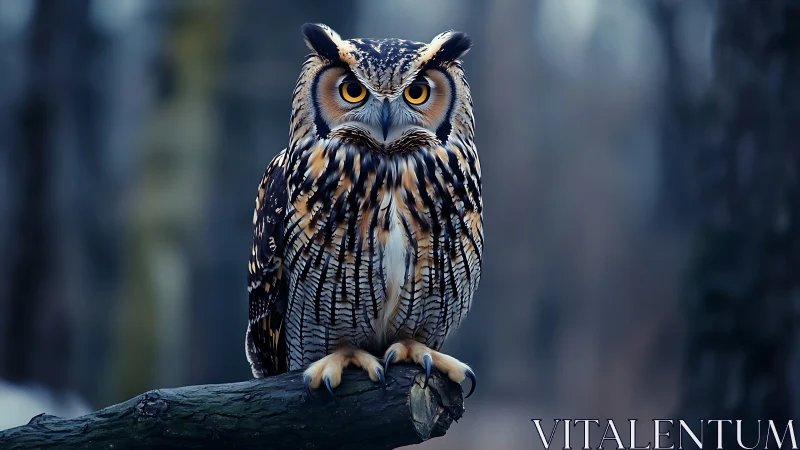Majestic owl perched on branch in moody forest, realistic style.