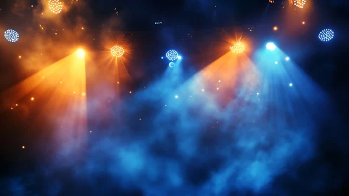 Stage lights argue in blue and amber across swirling haze