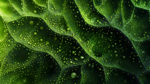 Macro view reveals textured green surface with vivid droplets