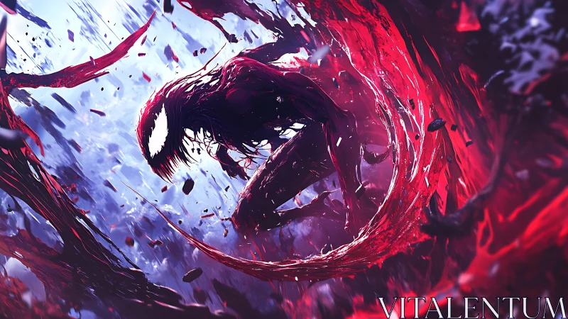 Bloodlit symbiote slashes through a storm of shattering sky