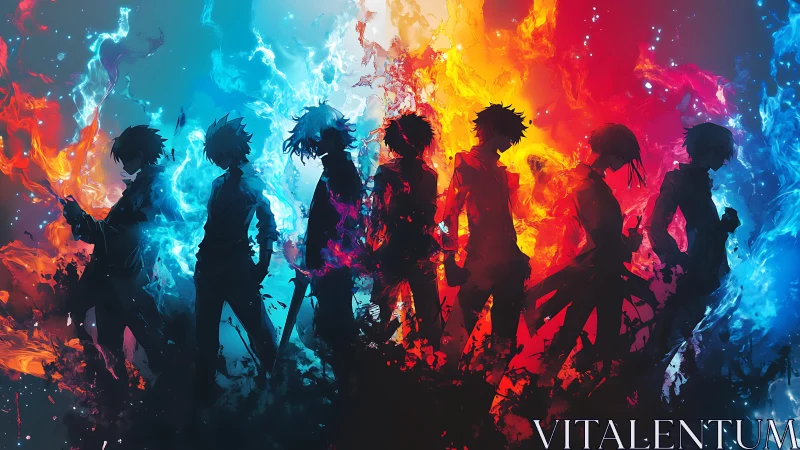 Silhouetted anime figures aligned against tricolor elemental flame gradients