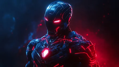 Cybernetic armored warrior under neon red eclipse glow.