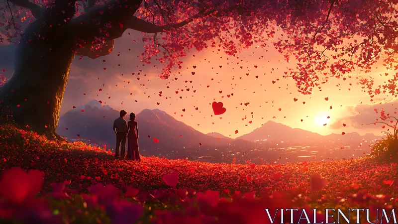 Couple Standing Under Red Flowering Tree at Sunset.