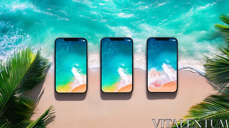 Three modern smartphones aligned on bright tropical beach.