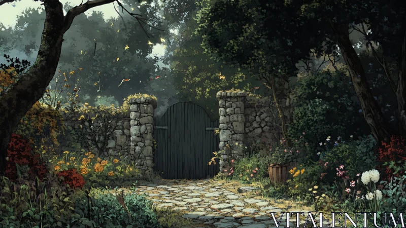 Sunlit stone garden gate framed by dense flowering foliage