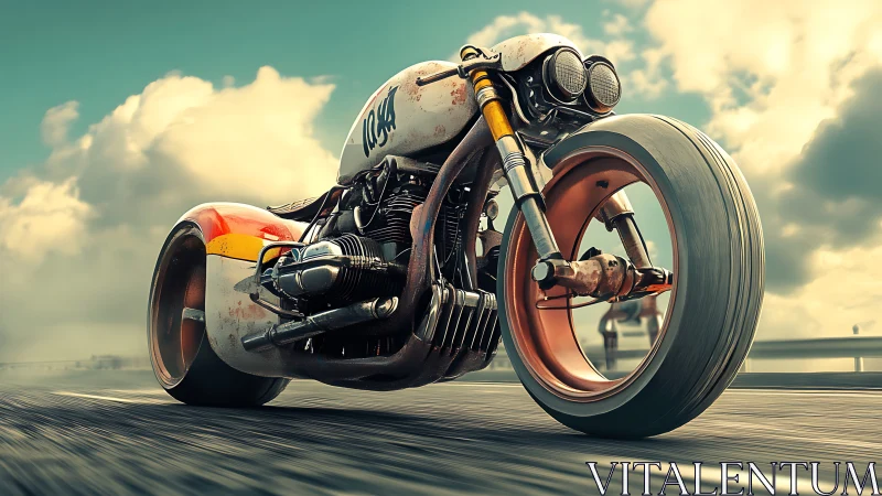 Custom futuristic cafe racer motorcycle on open highway.