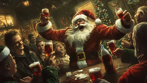 Santa leads a lively holiday toast in a festive tavern.
