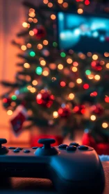 Holiday gaming controller with festive bokeh lighting focus.