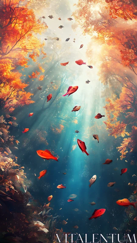 Fish-shaped leaves descend through forest-lit water column