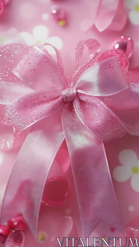 Pink Sparkled Bow with Bokeh Flowers Background