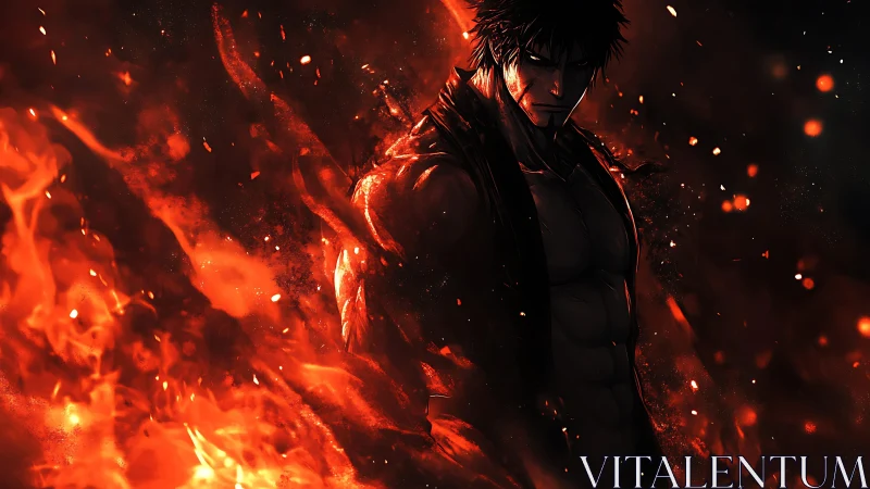 Male anime figure stands amid dense orange and red flames