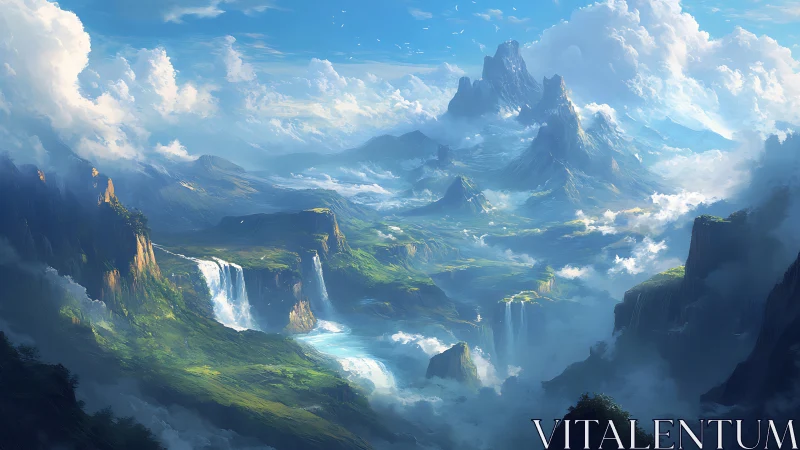 Epic luminous highland panorama with cascading waterfalls.