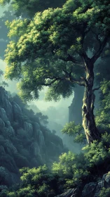 Ancient tree stands in misty canyon surrounded by layered foliage.