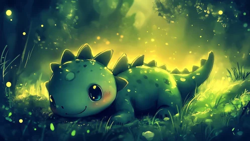 Baby forest dragon glowing softly in enchanted meadow.