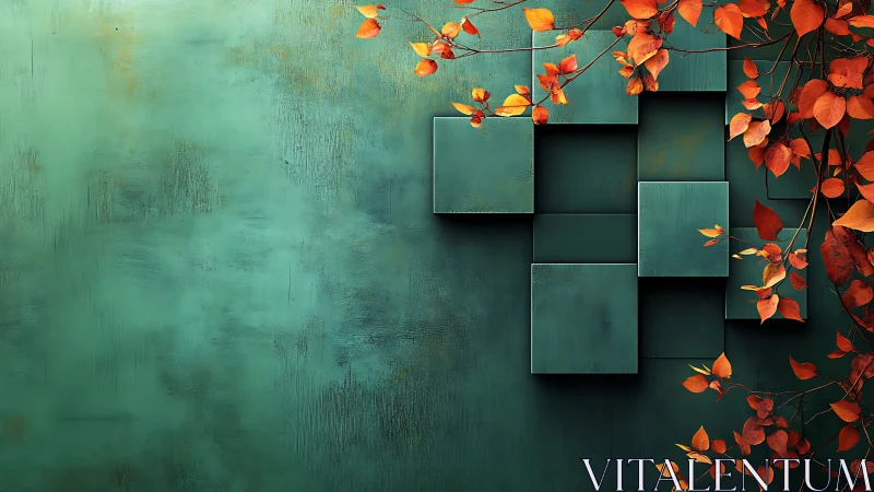 Teal geometric wall contrasts with vivid autumn foliage