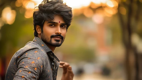 Man outdoors at golden hour with soft bokeh background.