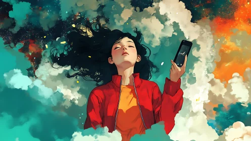 Dreaming girl drifts through digital clouds with phone raised.