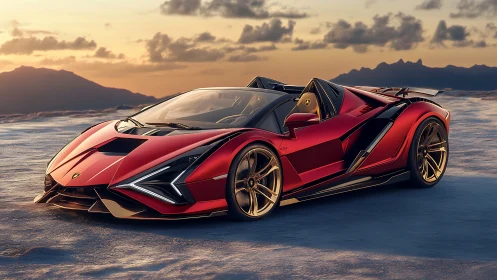 Carbon-red hypercar slices sunset-lit salt flats cleanly.