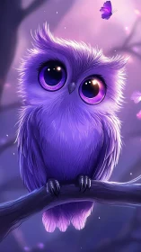 Violet owl with luminous eyes on branch in dreamy dusk forest.