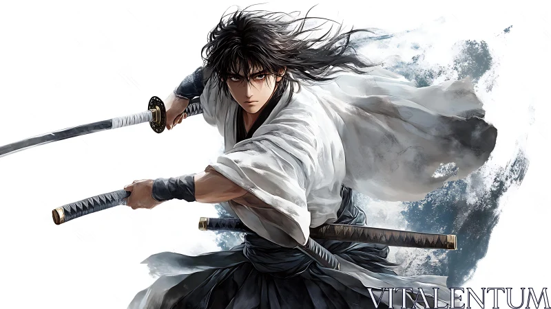 Fierce anime swordsman poised in motion and quiet power.