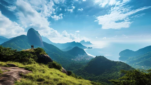Hikers admire lush coastal mountains under radiant blue skies